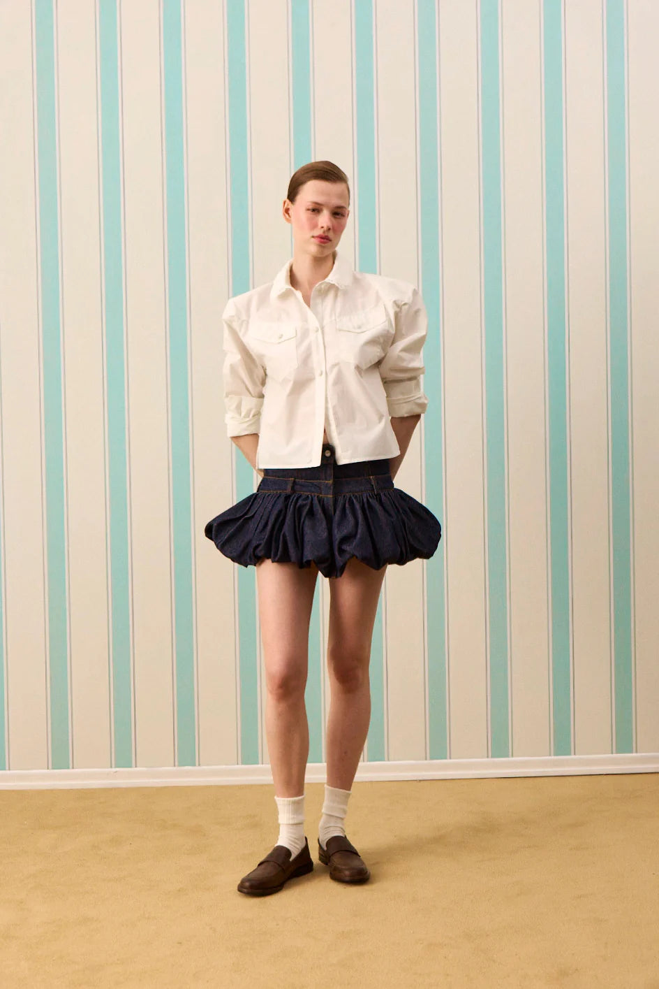 DARK ROSETTE SILK TOUCH DENİM ETEK